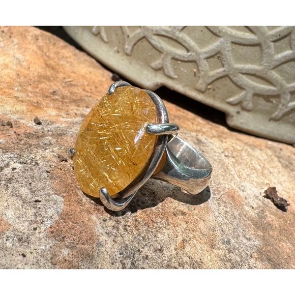 Gold Rutile Quartz Princess Ring Handmade Heavy Sterling 925 Silver US Size 7.5 - Picture 8 of 9